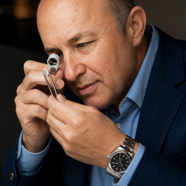 A GIA-trained buyer examining a diamond through a loupe