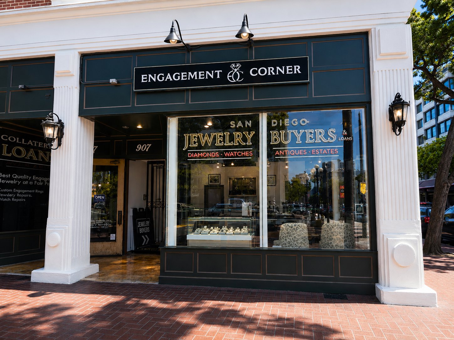 San Diego Jewelry Buyers storefront at 907 Sixth Ave — green walls and white pillars on the corner
